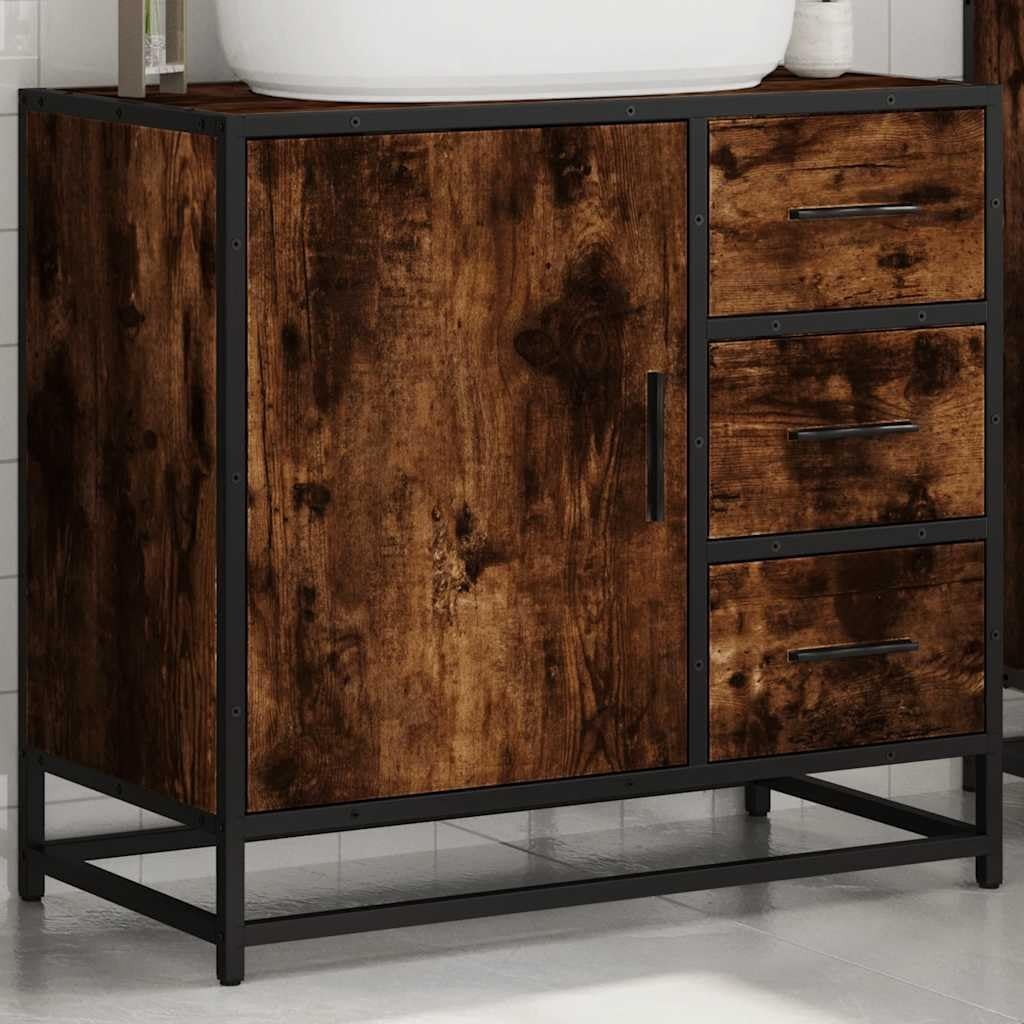 Smoked Oak Bathroom Sink Cabinet Industrial Vanity Storage Unit 65x33x60cm