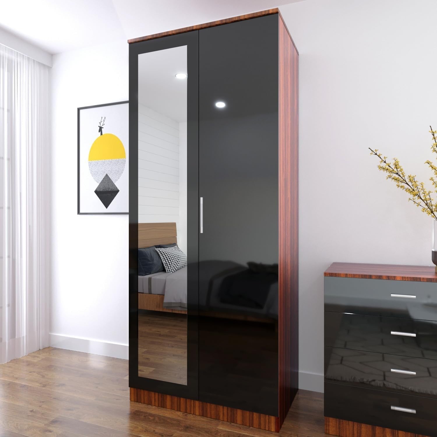 Black Walnut Mirror Wardrobe 2 Door Soft Close Gloss Storage 178cm