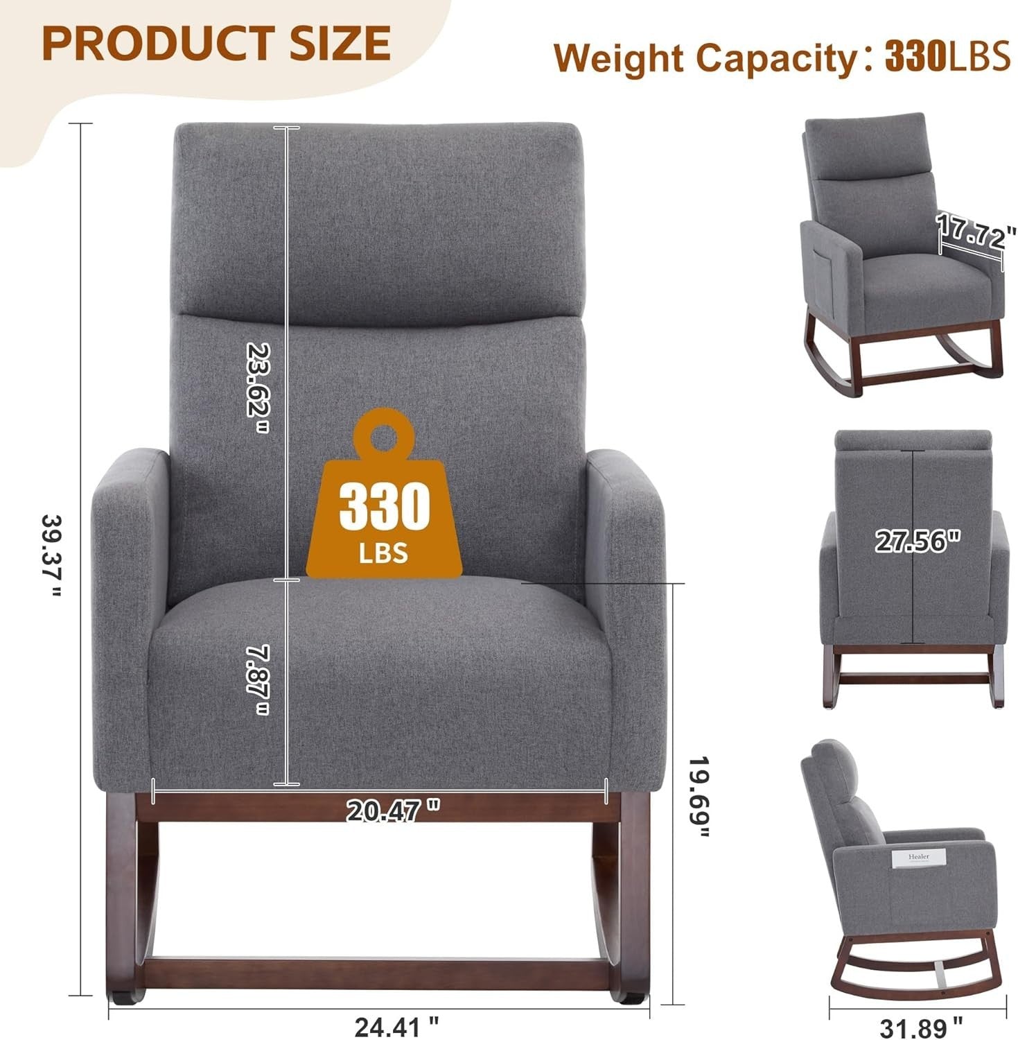 Modern Linen Rocking Chair with High Back & Side Pockets for Adults