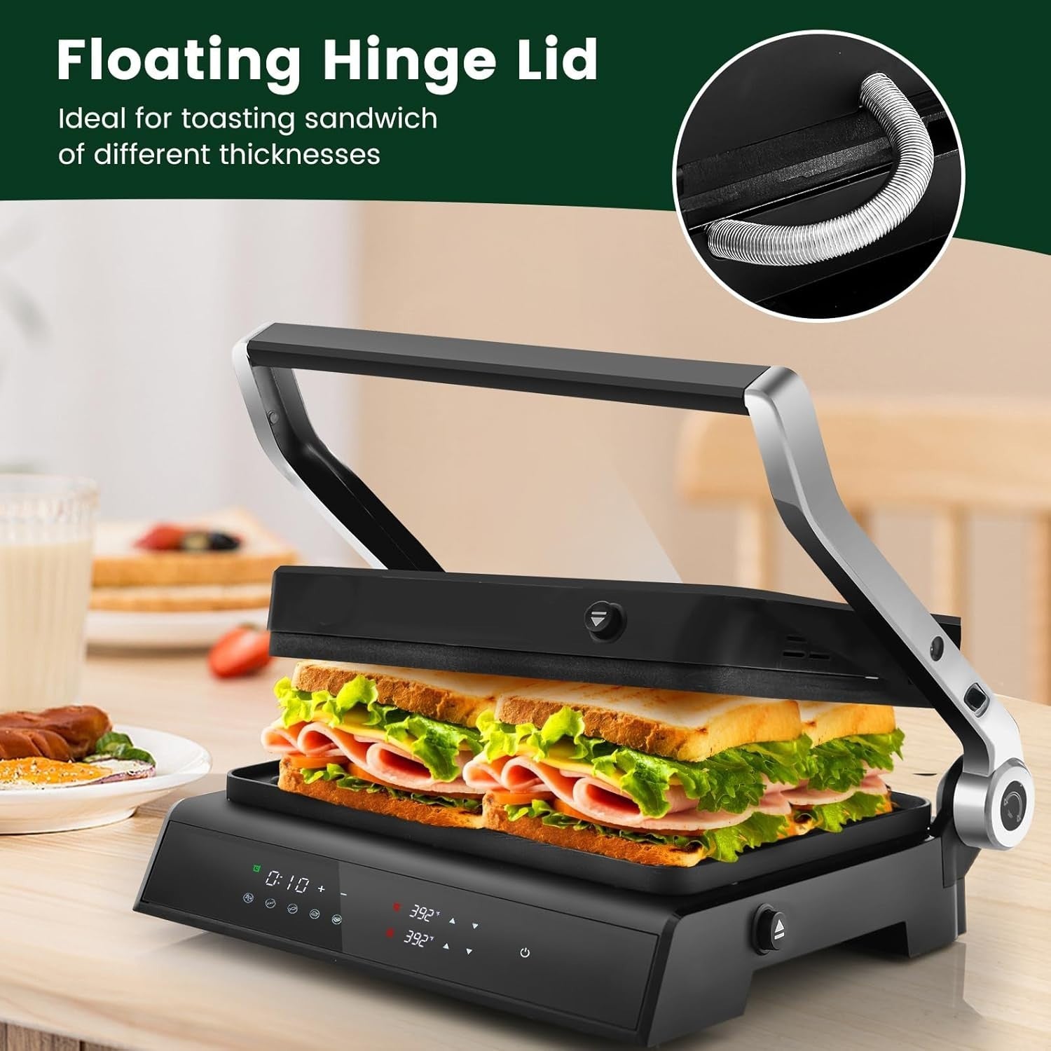 3-in-1 Panini Maker Sandwich Grill 1200W Adjustable Plates Timer 4H glass top