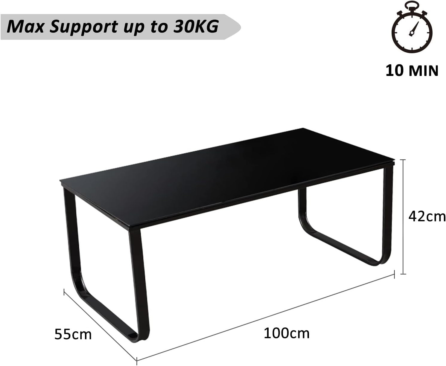 Black Tempered Glass Coffee Table with Storage & Metal Frame, 42cm Height