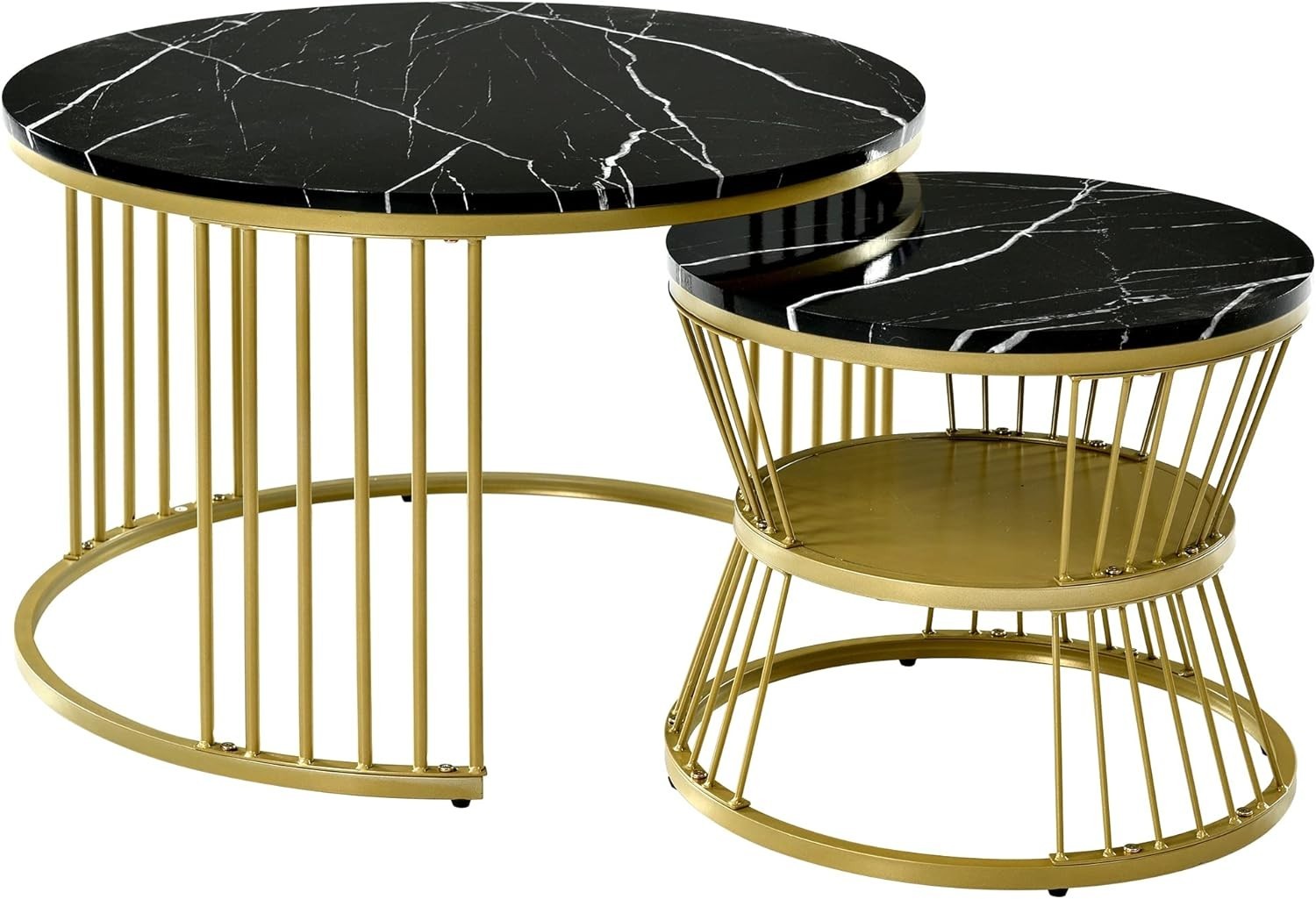 Round Coffee Table Set Nested Faux Marble Black Adjustable Height Living Room