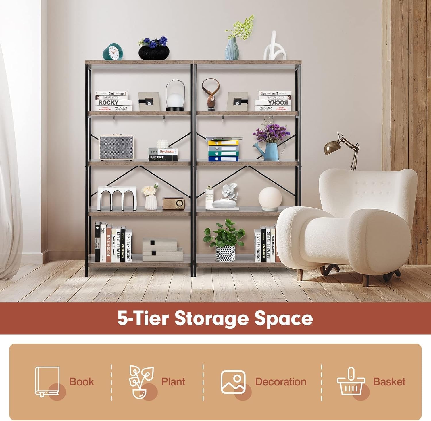 5-Tier Industrial Bookshelf Grey Wood Heavy-Duty Metal Storage Display Rack