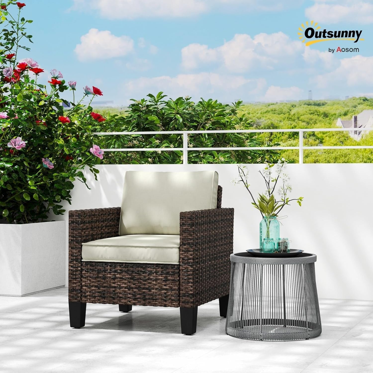 Rattan Garden Armchair with Cushions Brown Outdoor Patio Conservatory Chair