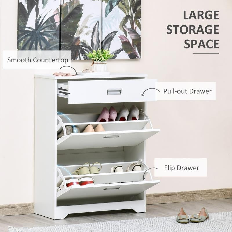 White Shoe Cabinet Bench with Drawers & Flip Doors – Slim Entryway Unit