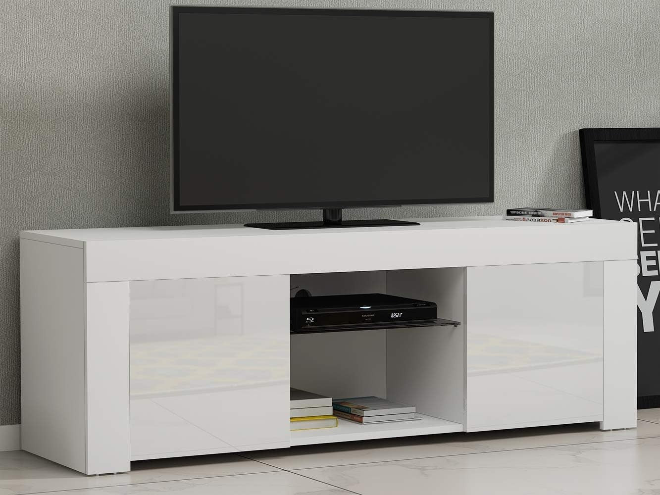 White Modern TV Stand for 50” TVs with RGB LED Light & Storage Cabinets