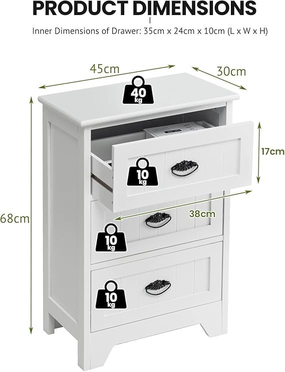 Modern White Bedside Table with 3 Drawers, Wooden Nightstand Storage Unit