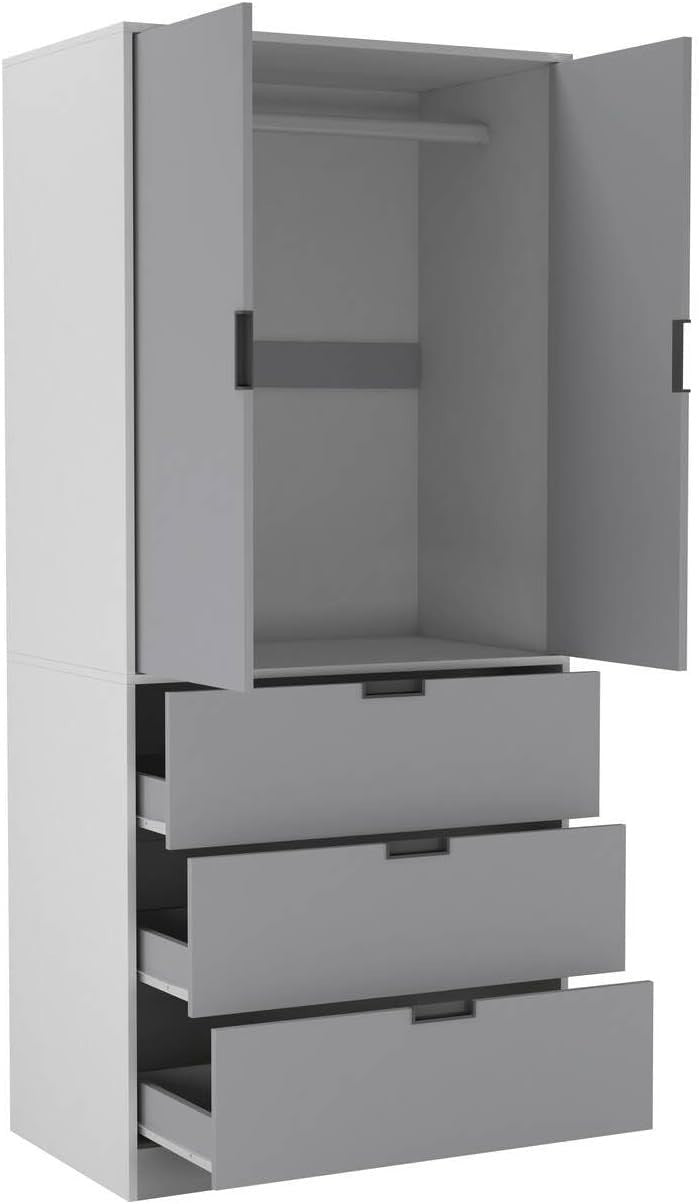 Tall Grey Wardrobe 2 Door 3 Drawer Modern Storage | Hanging Rail Unit