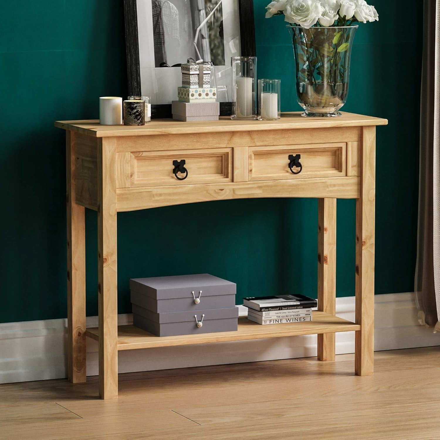 Rustic Pine Console Table with Drawers & Shelf, Solid Wood Hallway Unit