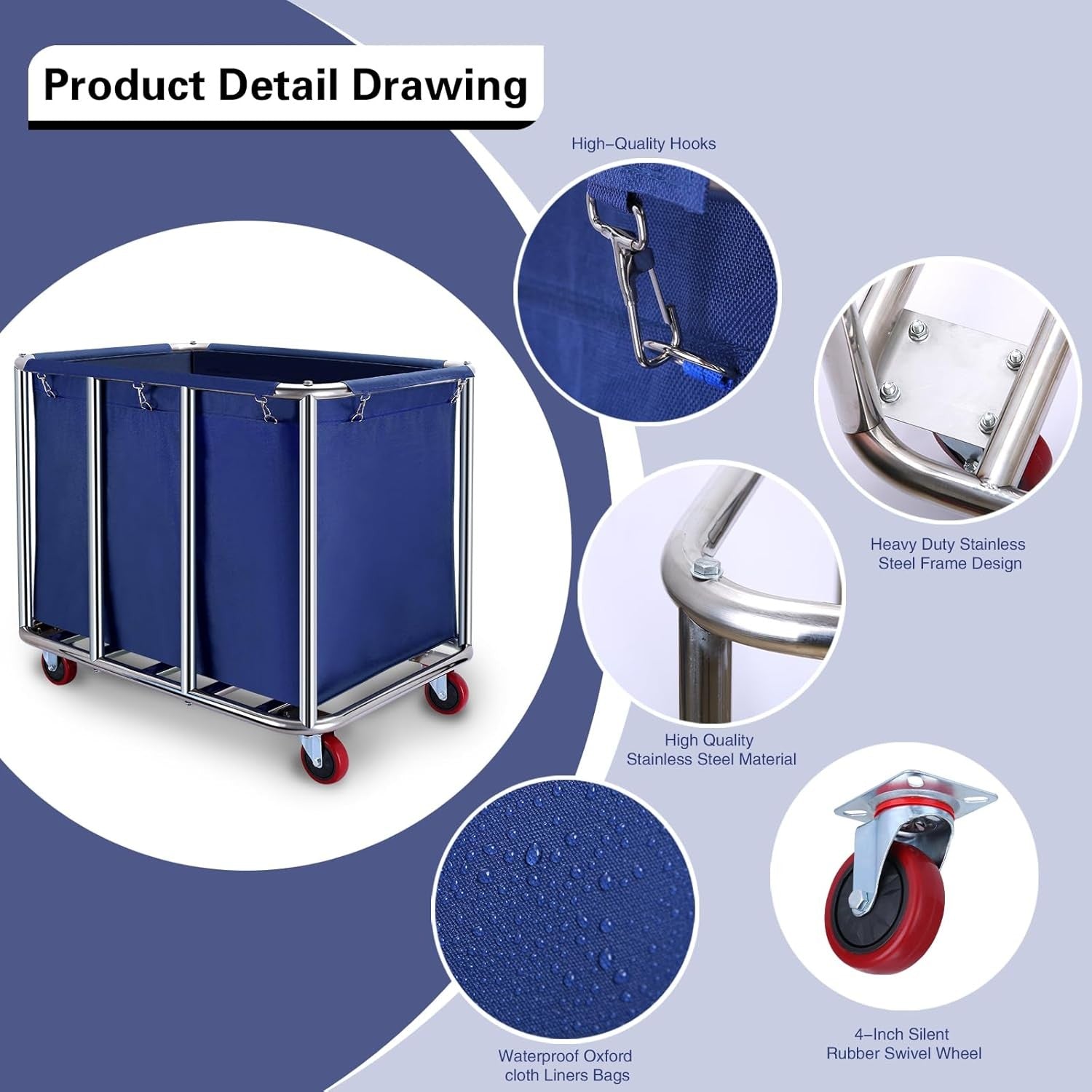 400L Commercial Laundry Cart with Wheels | Heavy Duty Steel Frame Blue Hamper