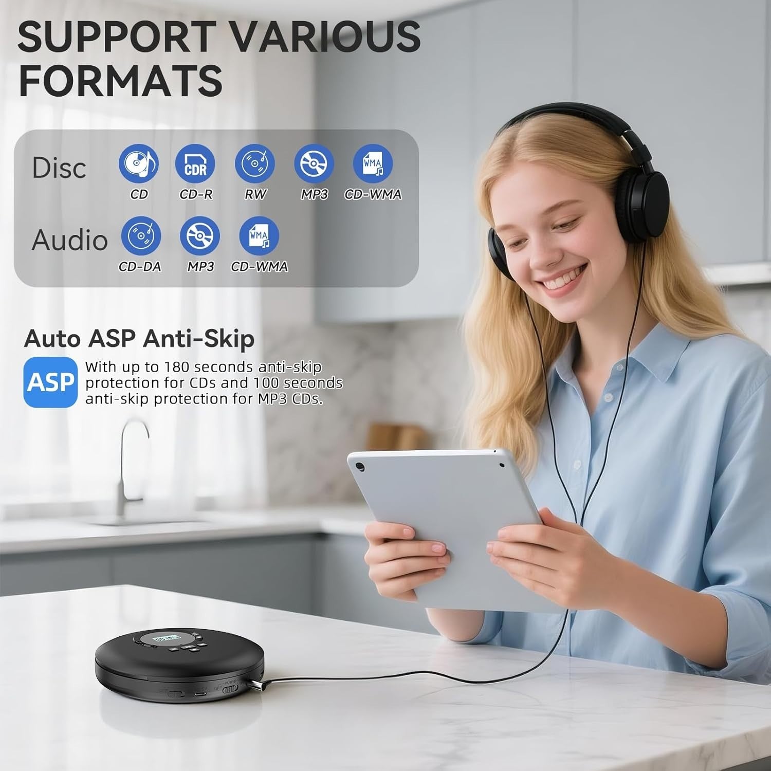 Portable CD Player Anti Skip LCD Earphones AUX PROG Memory Black