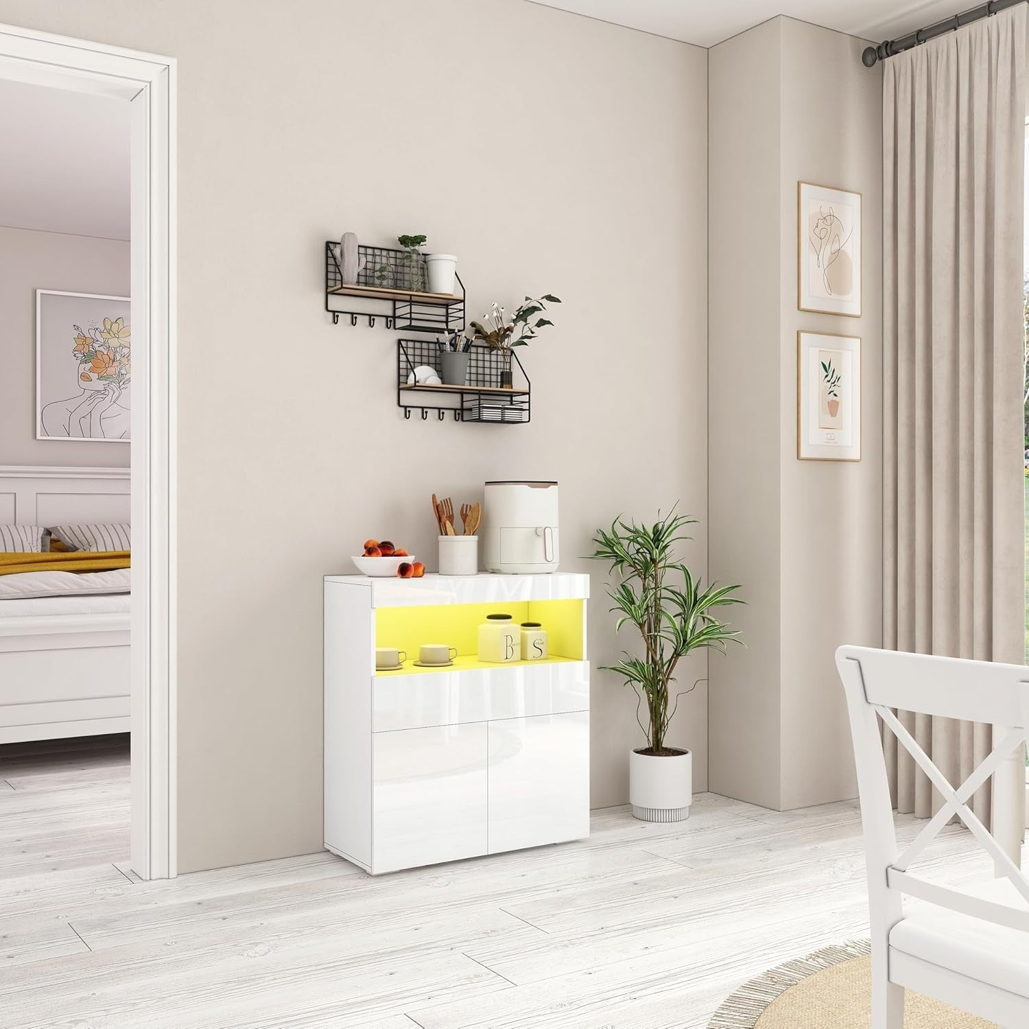 White High Gloss Sideboard Cabinet with LED Lights, Storage & Lockable Doors