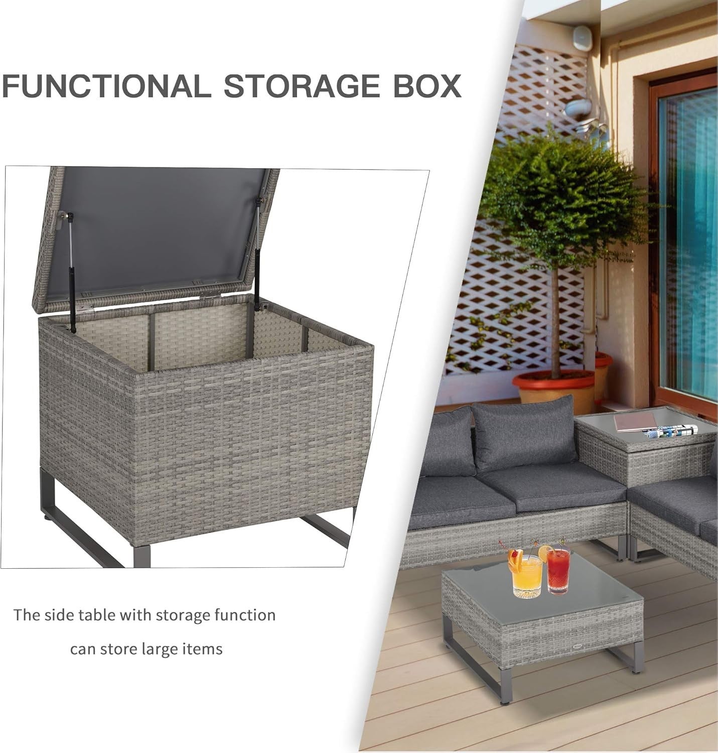 4-Piece Outdoor Rattan Sofa Set with Storage Table & Cushions Grey