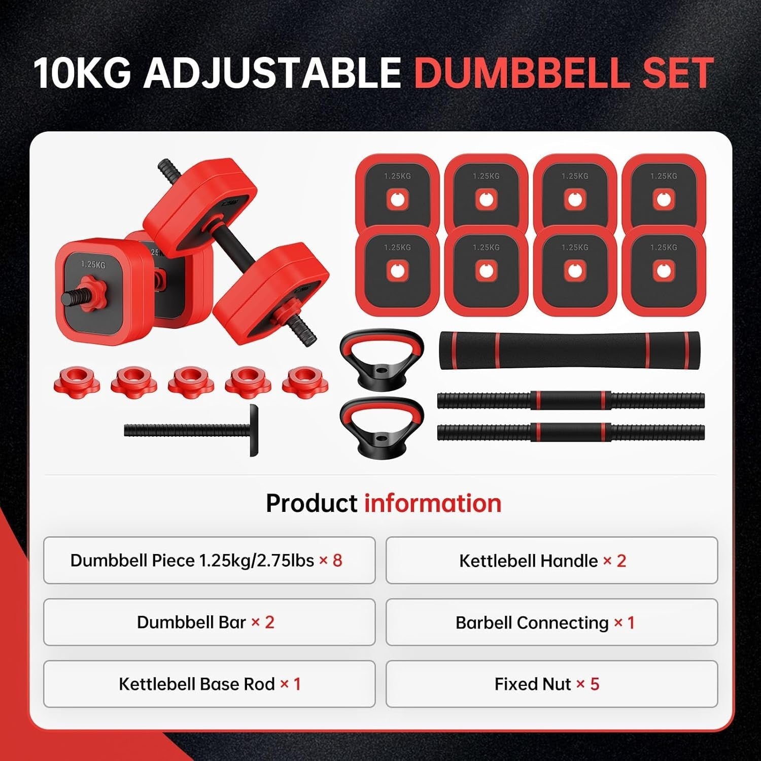 10kg Adjustable Dumbbell Set 4-in-1 Barbell Kettlebell Home Gym