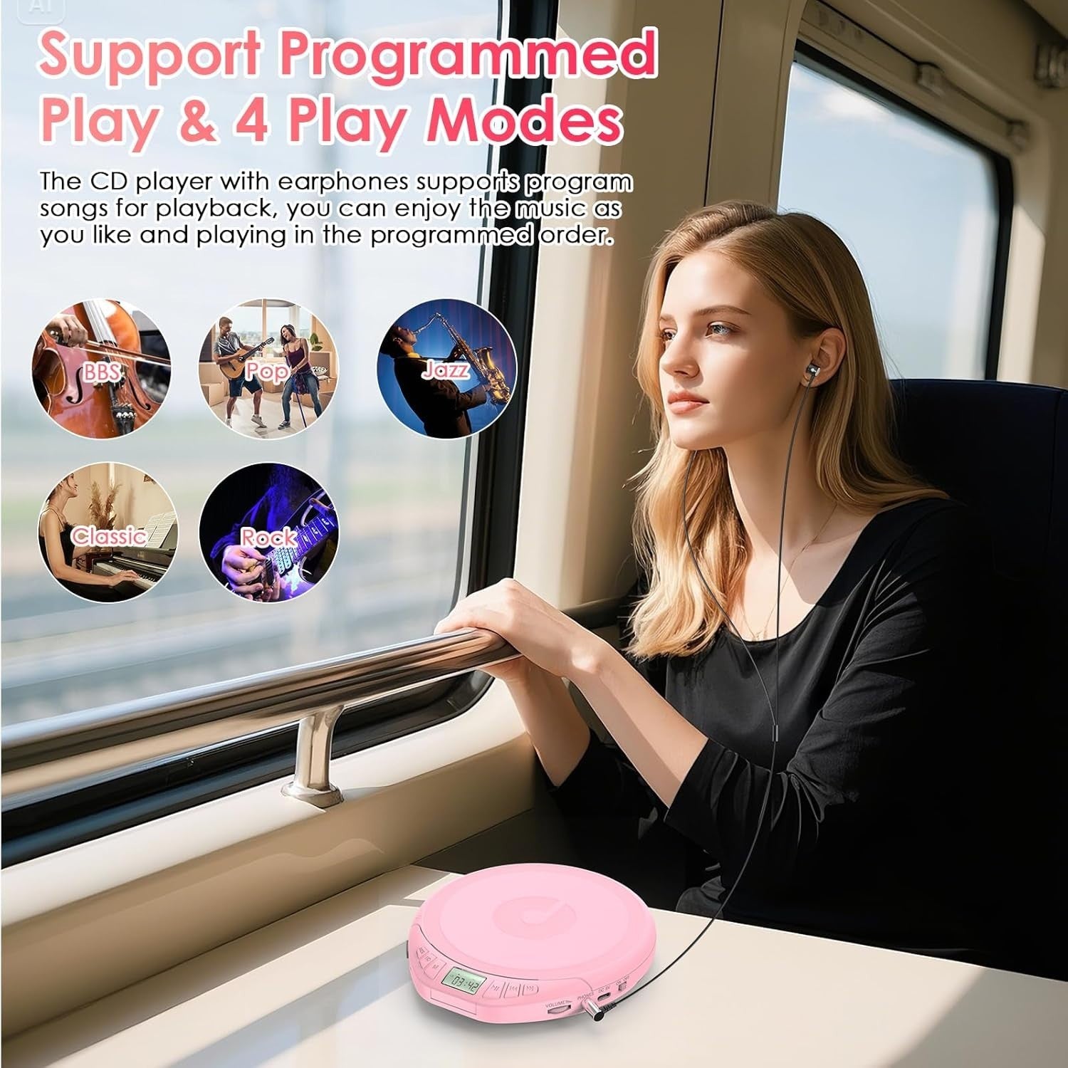 Personal CD Player Portable Anti-Skip LCD Display AUX Car Earphones Pink