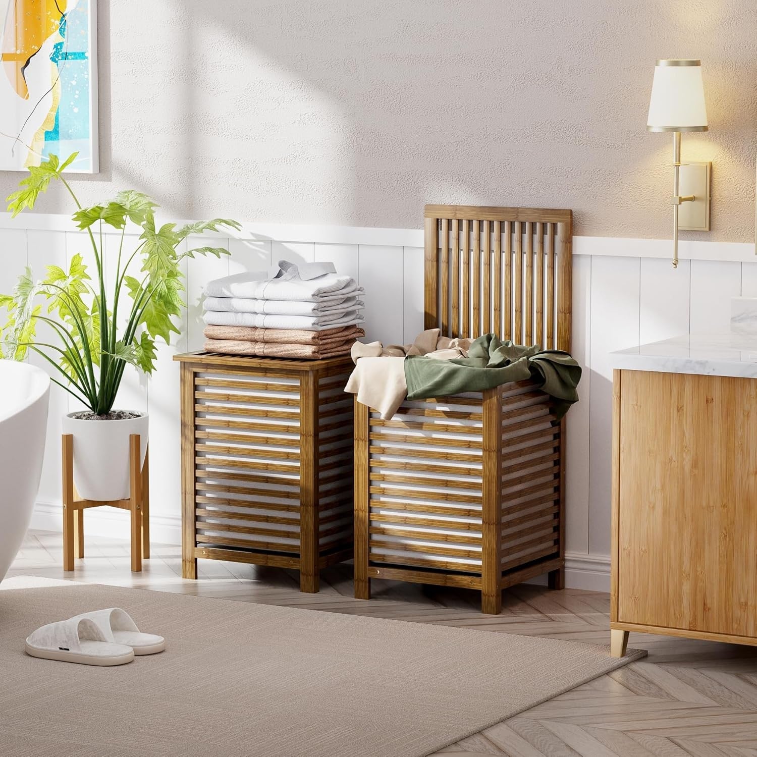 Walnut Bamboo Double Laundry Hamper with Lid 120L 2 Section Basket 47x47x65cm