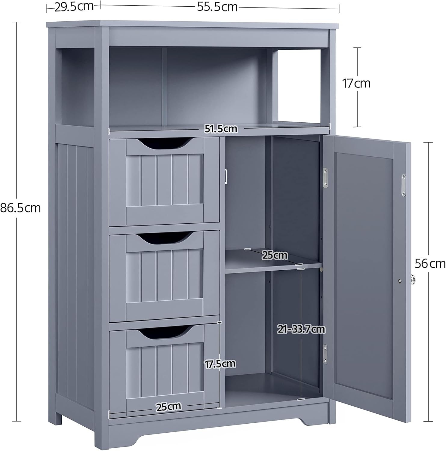 Grey Bathroom Storage Cabinet with 3 Drawers & Door Freestanding Unit