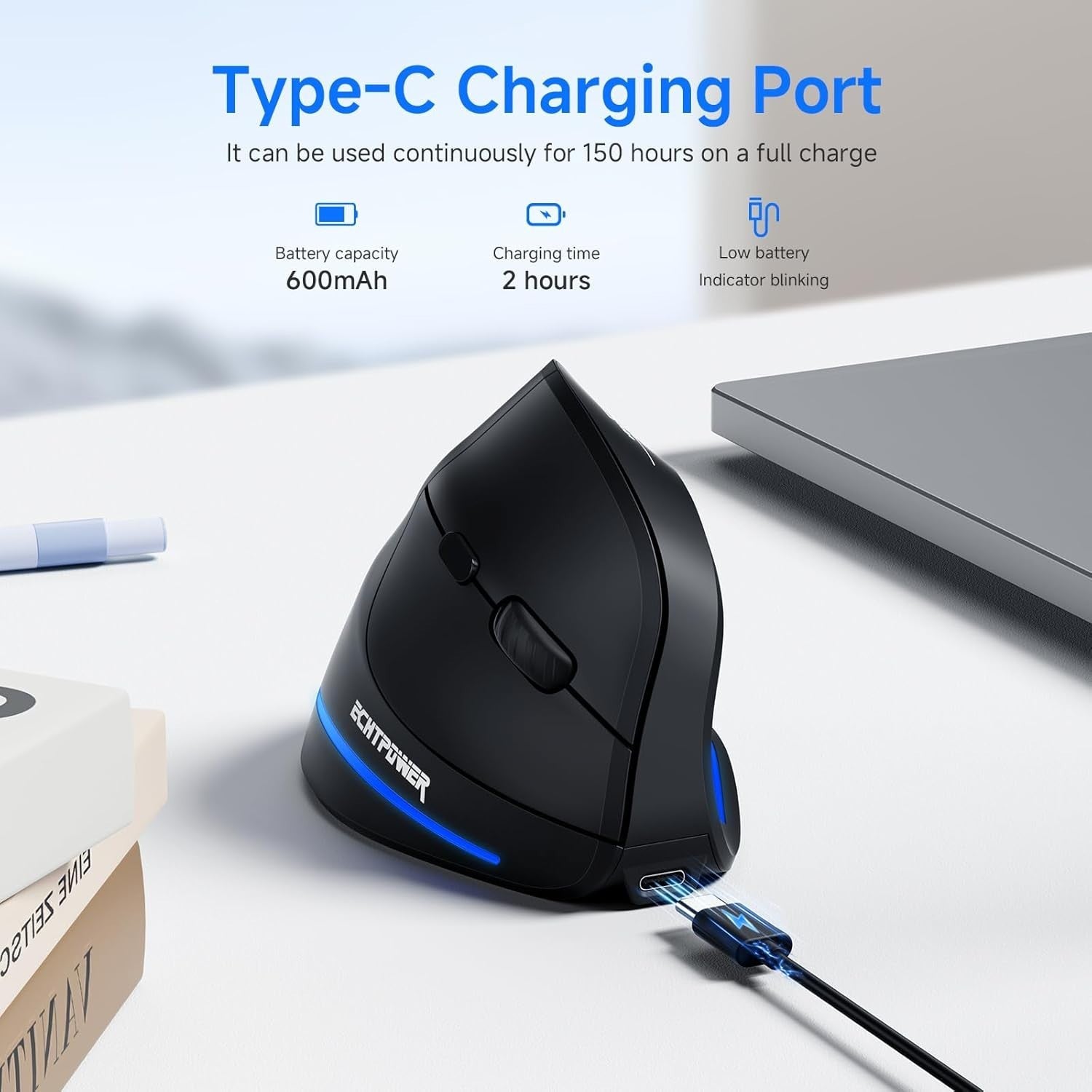 Vertical Ergonomic Wireless Mouse Rechargeable 4800 DPI 6 Button