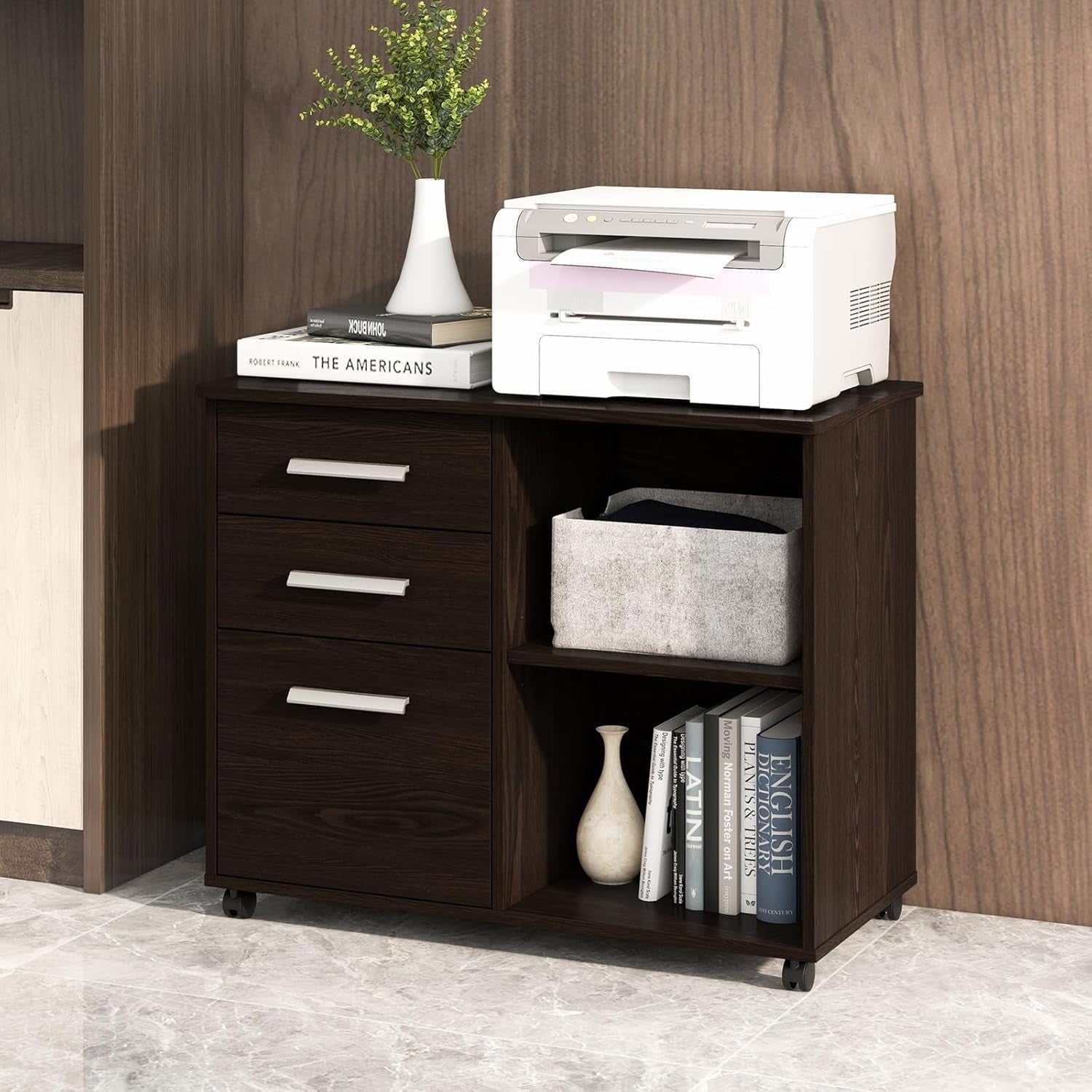 3 Drawer Mobile Filing Cabinet with Shelves Under Desk Office Storage Coffee