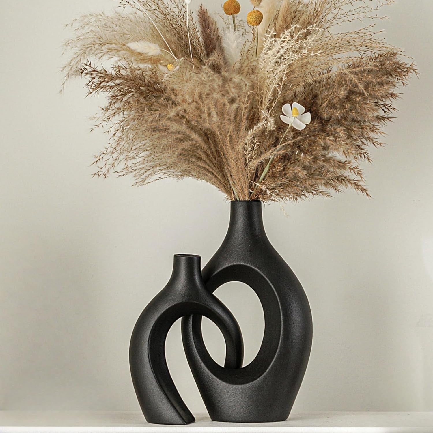 Extra Large Matte Black Ceramic Vase Set of 2 Nordic Boho Pampas Decor