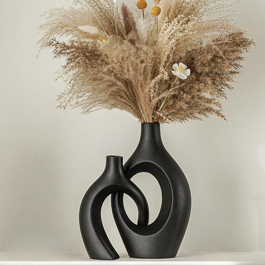 Extra Large Matte Black Ceramic Vase Set of 2 Nordic Boho Pampas Decor