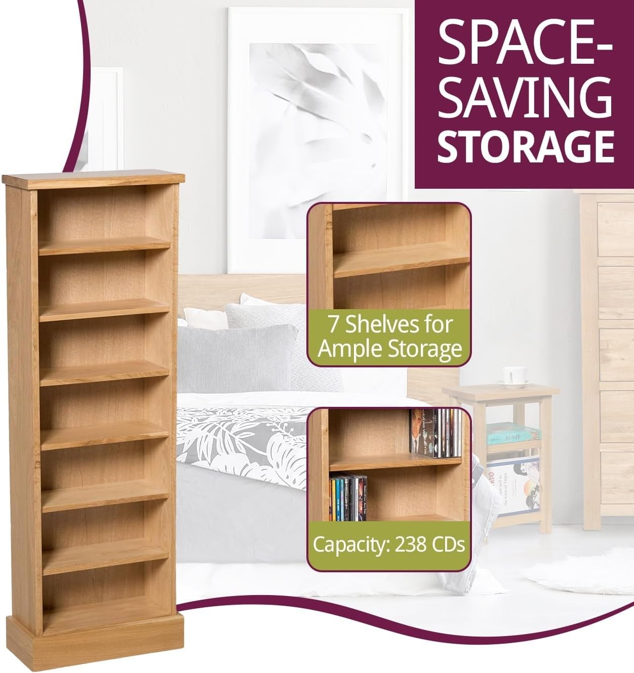 Solid Oak CD DVD Storage Tower 7 Shelf Media Bookcase Display Unit