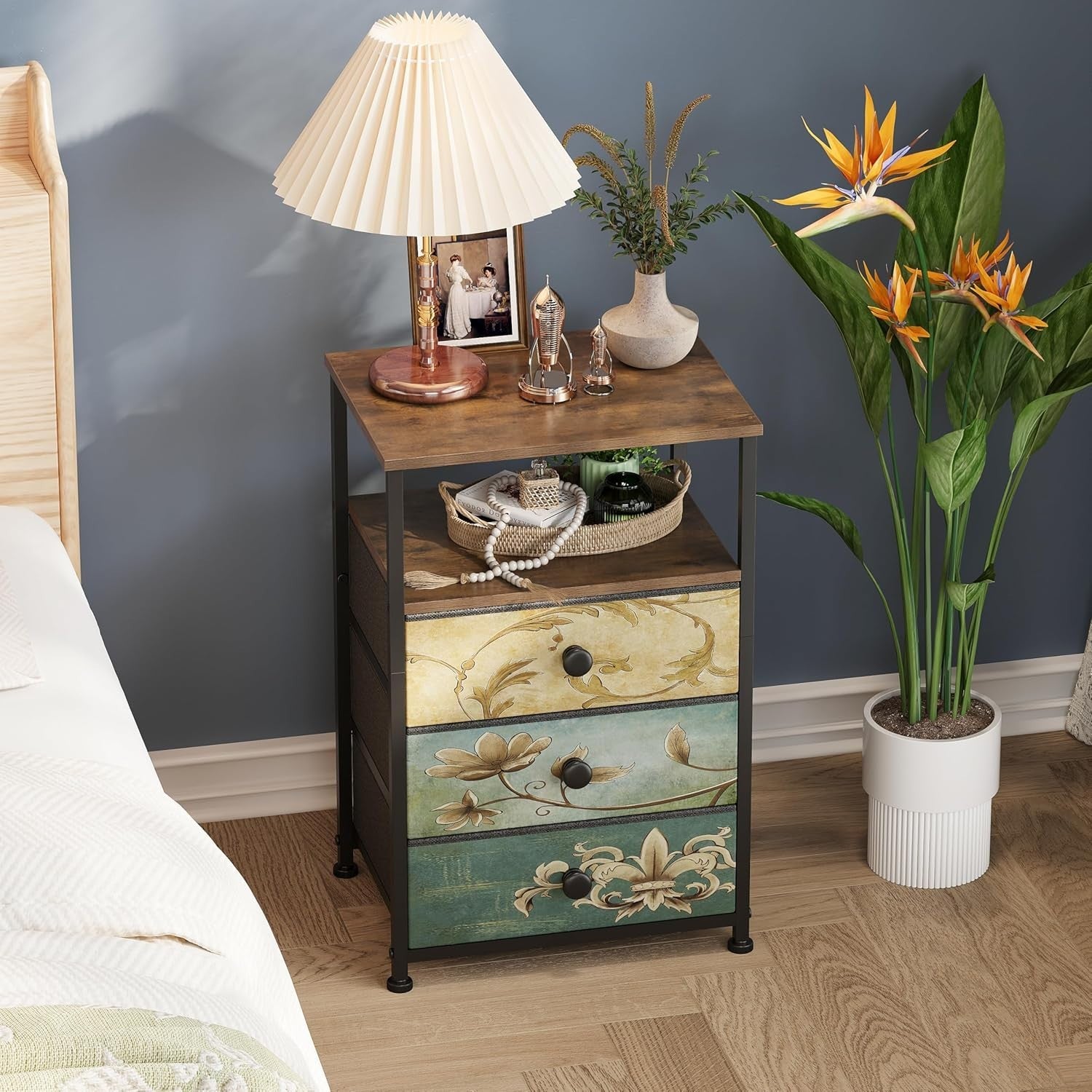 3 Drawer Fabric Chest Boho Dresser Nightstand Side Table Storage Unit