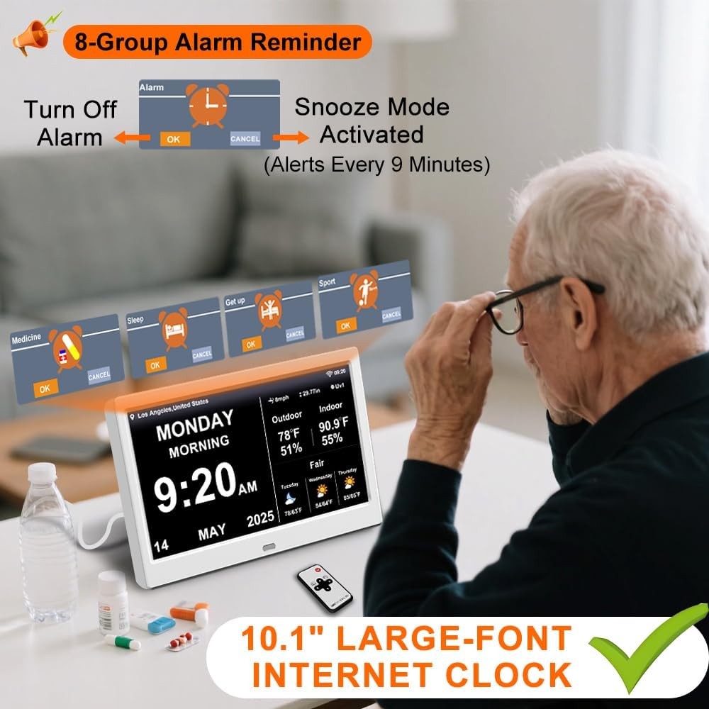 Large Digital Clock 10.1in Display Temperature Humidity Elderly Alarms
