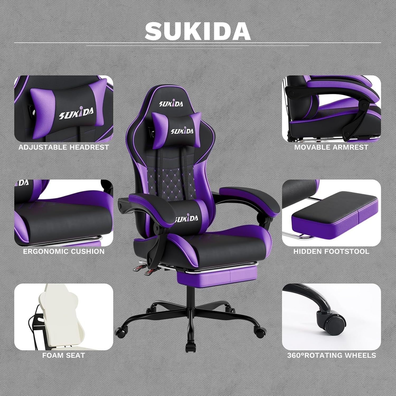 Ergonomic Gaming Chair with Footrest & Massage Support – Black Purple PC Seat