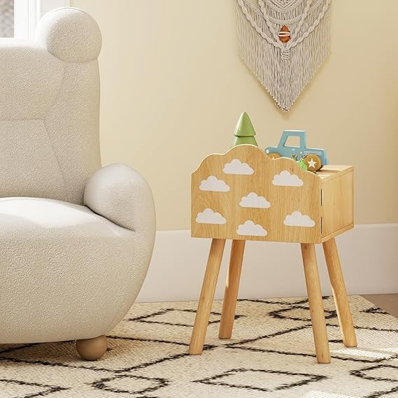 Kids Bedside Tables Set of 2 – Solid Wood Legs, Cute Door Cabinet Storage Units