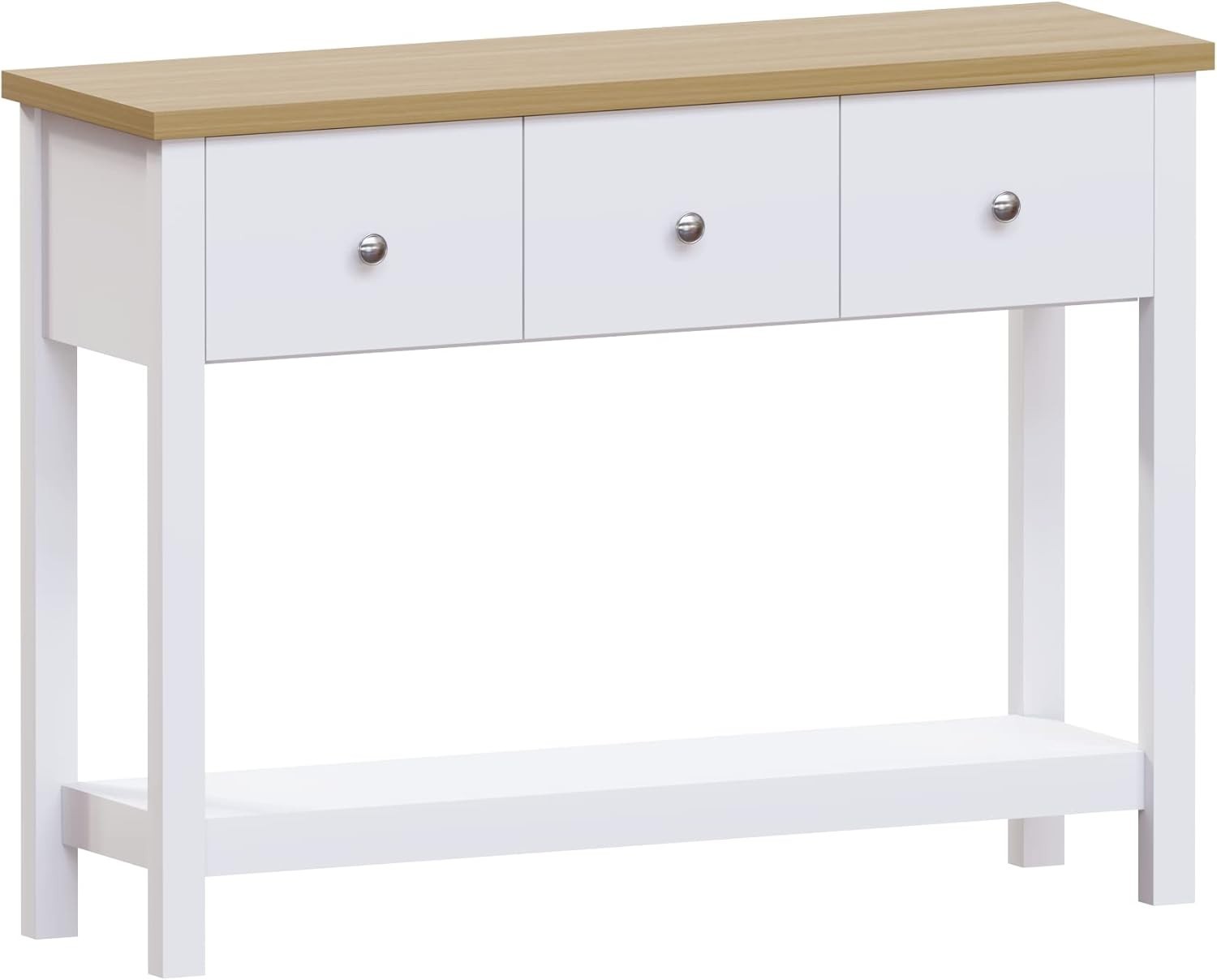 Modern White Console Table with 3 Drawers & Oak Top - Hallway Storage Shelf