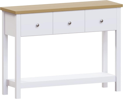 Modern White Console Table with 3 Drawers & Oak Top - Hallway Storage Shelf
