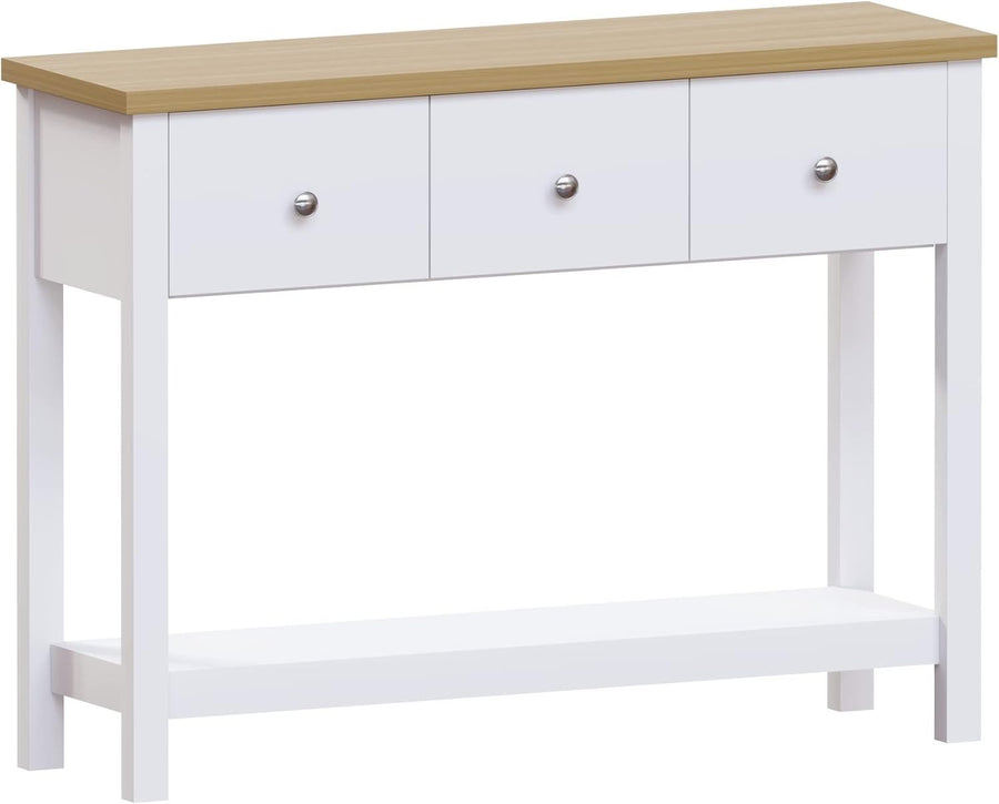 Modern White Console Table with 3 Drawers & Oak Top - Hallway Storage Shelf