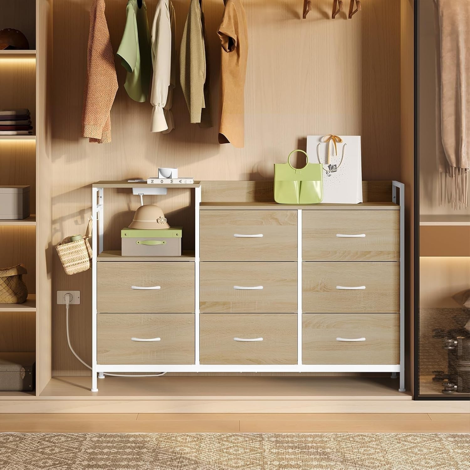 8 Drawer Fabric Chest with USB Ports Power Strip Light Oak White Storage Unit