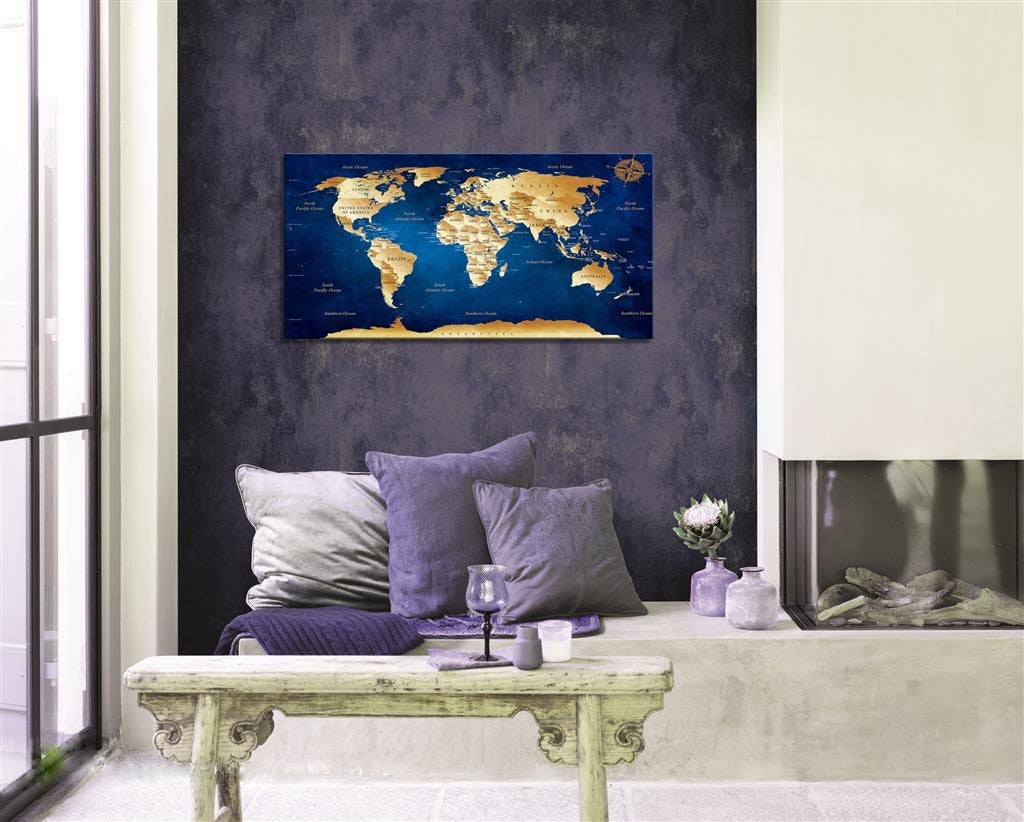 World Map Canvas Wall Art 50x100cm Blue Framed Ready to Hang