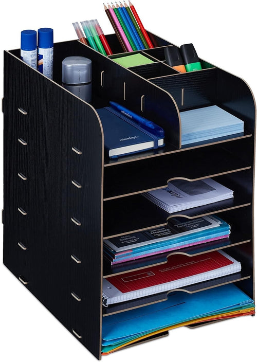 12-Compartment Desk Organiser with A4 Document Tray – Black Office Storage