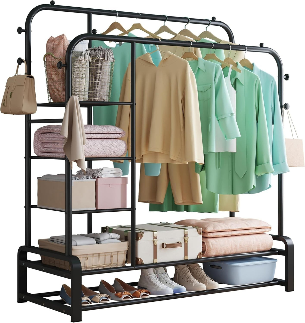 Heavy Duty Clothes Rail with Shelves & Hooks – Black 110×145cm