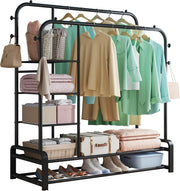 Heavy Duty Clothes Rail with Shelves & Hooks – Black 110×145cm