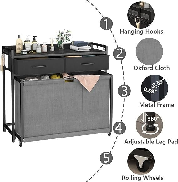 3×40L Laundry Hamper Cart with Wheels & Drawers | Large 83×62.5×80.8cm Organiser