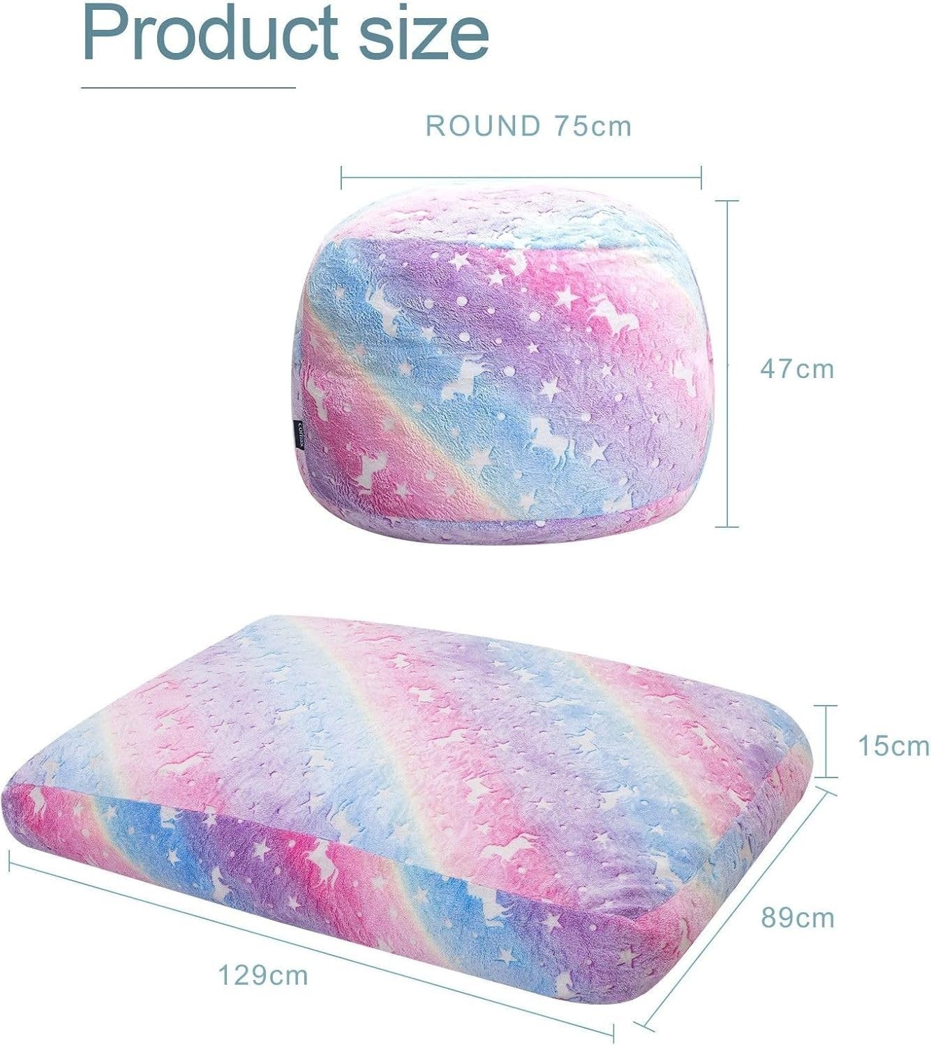 Kids Bean Bag Chair Bed 2-in-1 Rainbow Floor Sofa Soft Washable Foam