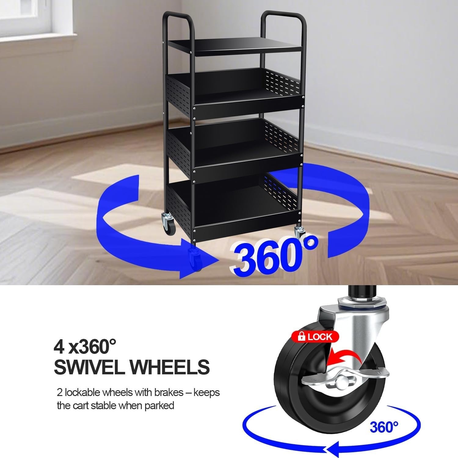 4 Tier Rolling Utility Cart Heavy Duty Metal Storage Organizer Black