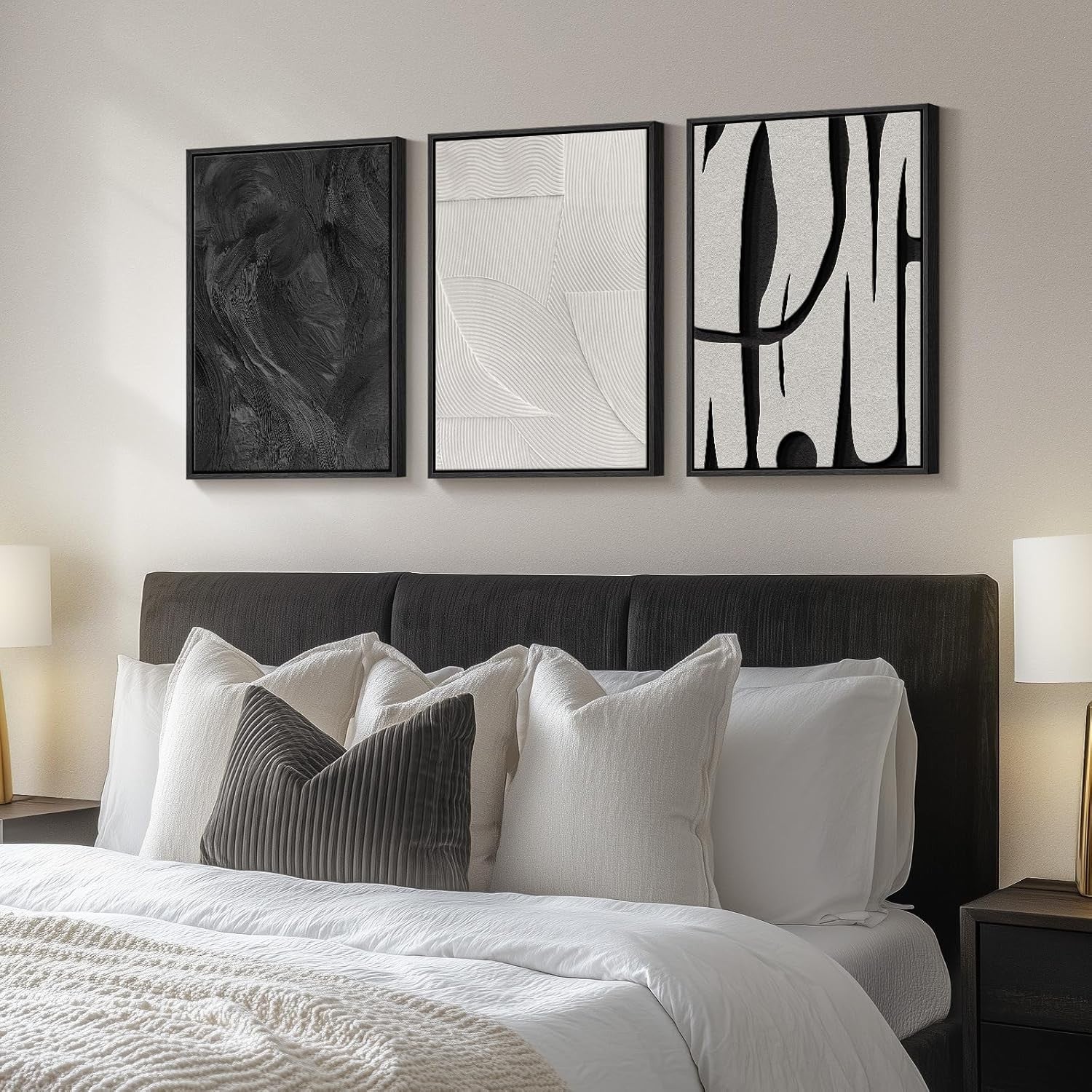 Black White Abstract Canvas Wall Art 3 Panels 16x24" Modern Decor