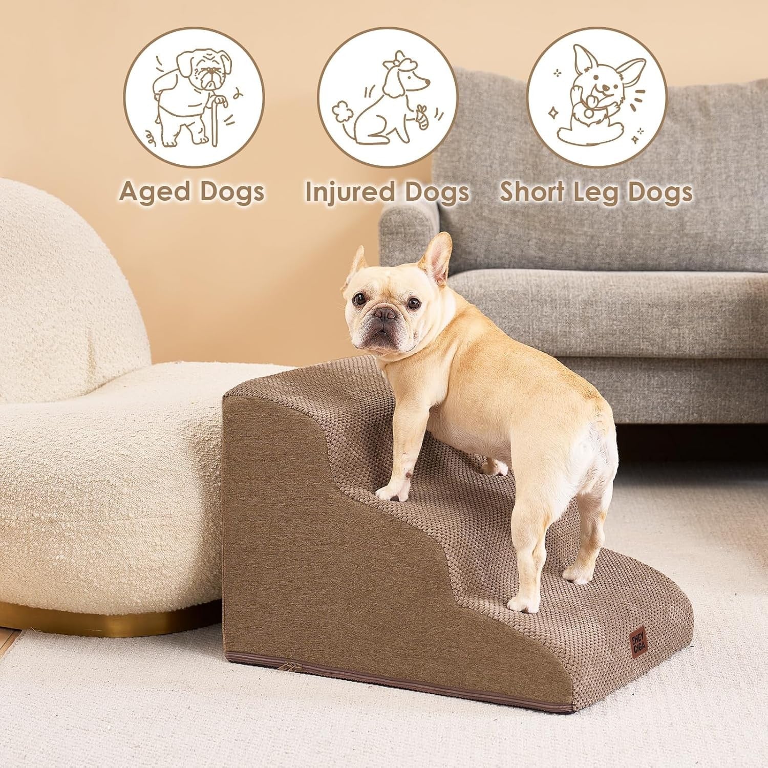3 Step Dog Stairs for Bed Sofa Non Slip Foam Pet Steps Washable Camel