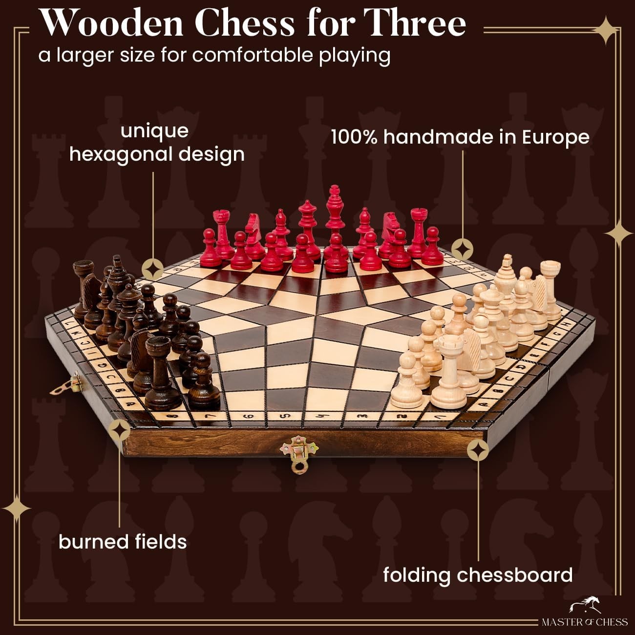 XL 3-Player Wooden Chess Set 54×47cm Handcrafted Board Travel Table Game