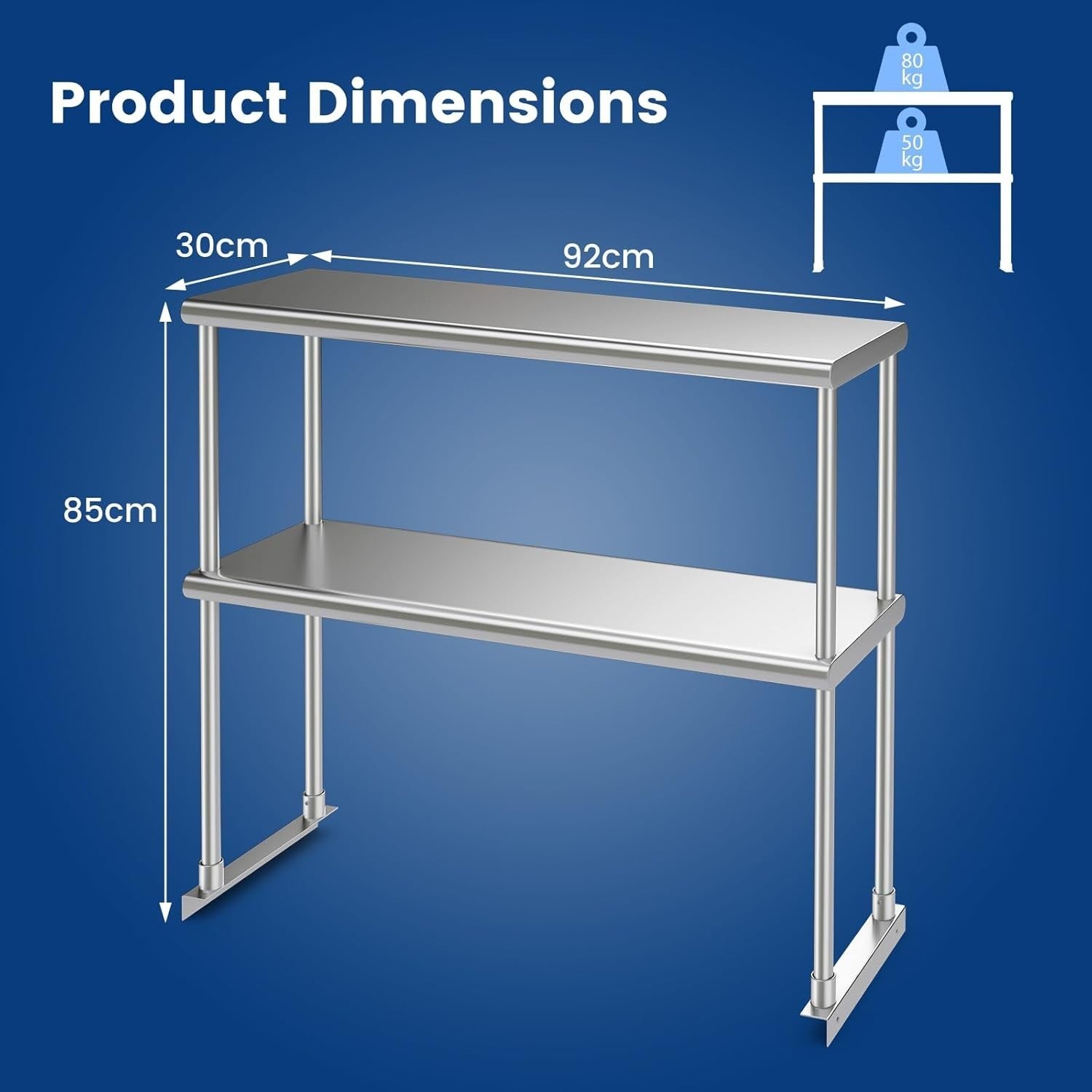 Stainless Steel Double Overshelf 92x30cm Heavy Duty Adjustable 2-Tier Prep Rack