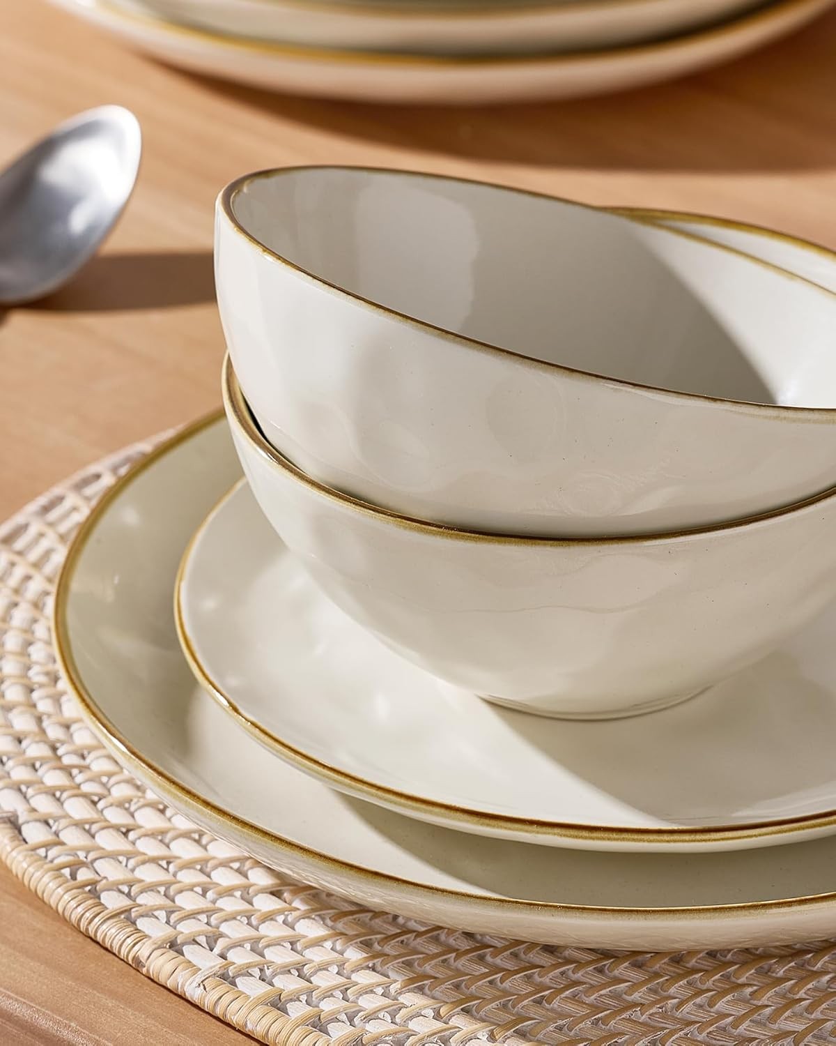 12pc Stoneware Dinnerware Set Plates Bowls Beige Service for 4
