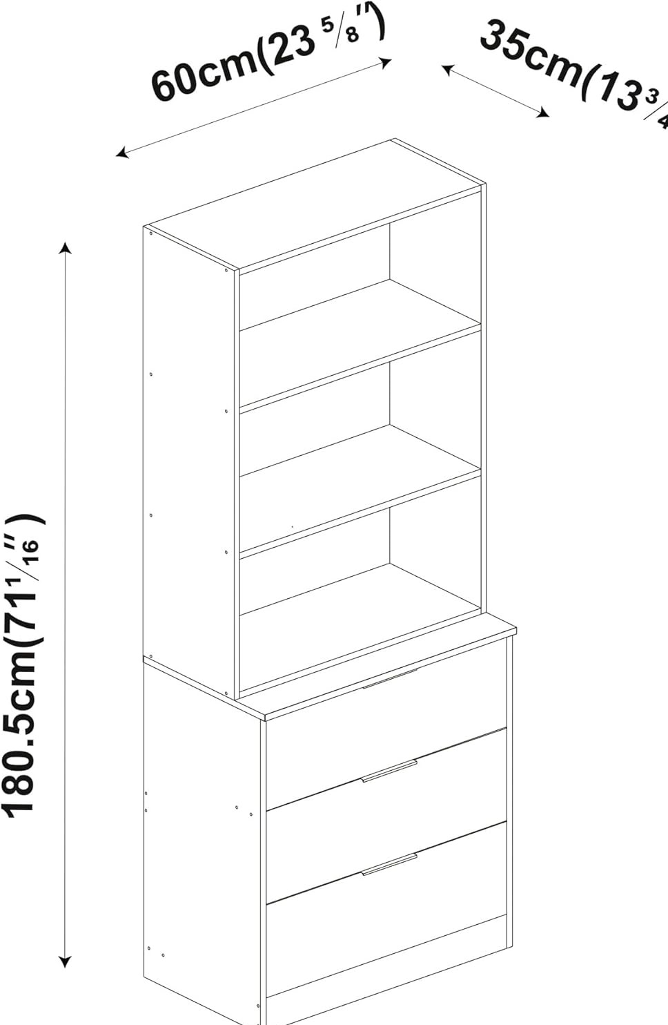 Black 3 Drawer Storage Chest with Bookcase Combo 60cm Wooden Display Unit
