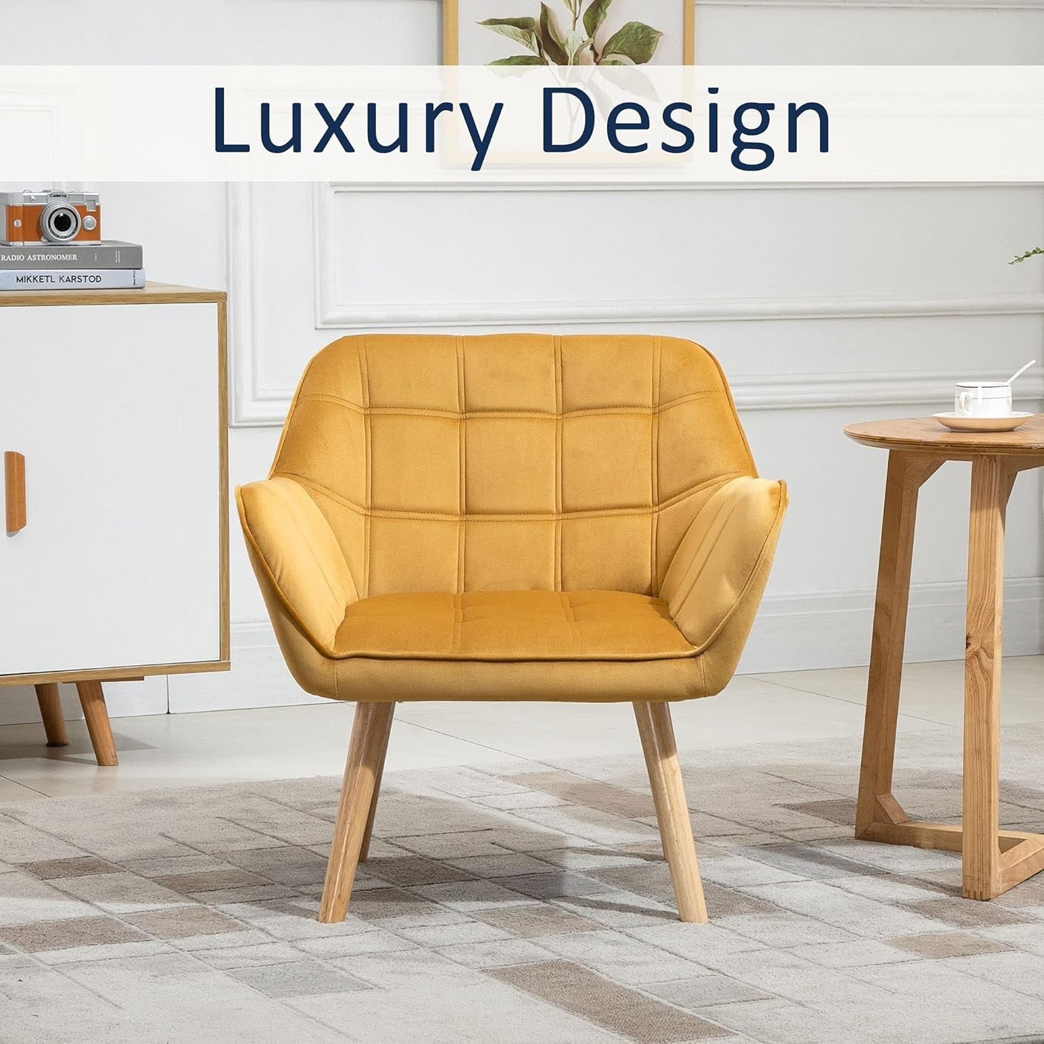 Yellow Velvet Armchair Wide Arm Accent Chair Modern Bedroom Lounge Seat