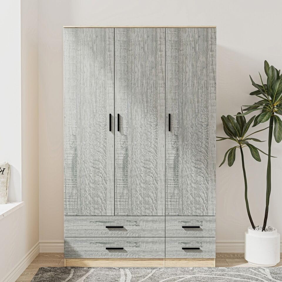 Oak & Ash Grey Wardrobe 3 Door 4 Drawer Storage Modern Bedroom Closet