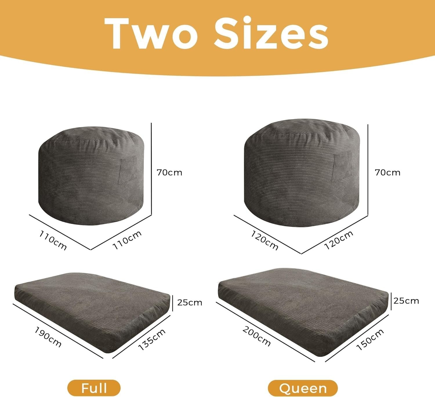 Convertible Bean Bag Bed Sofa Chair Double King Size Corduroy Charcoal
